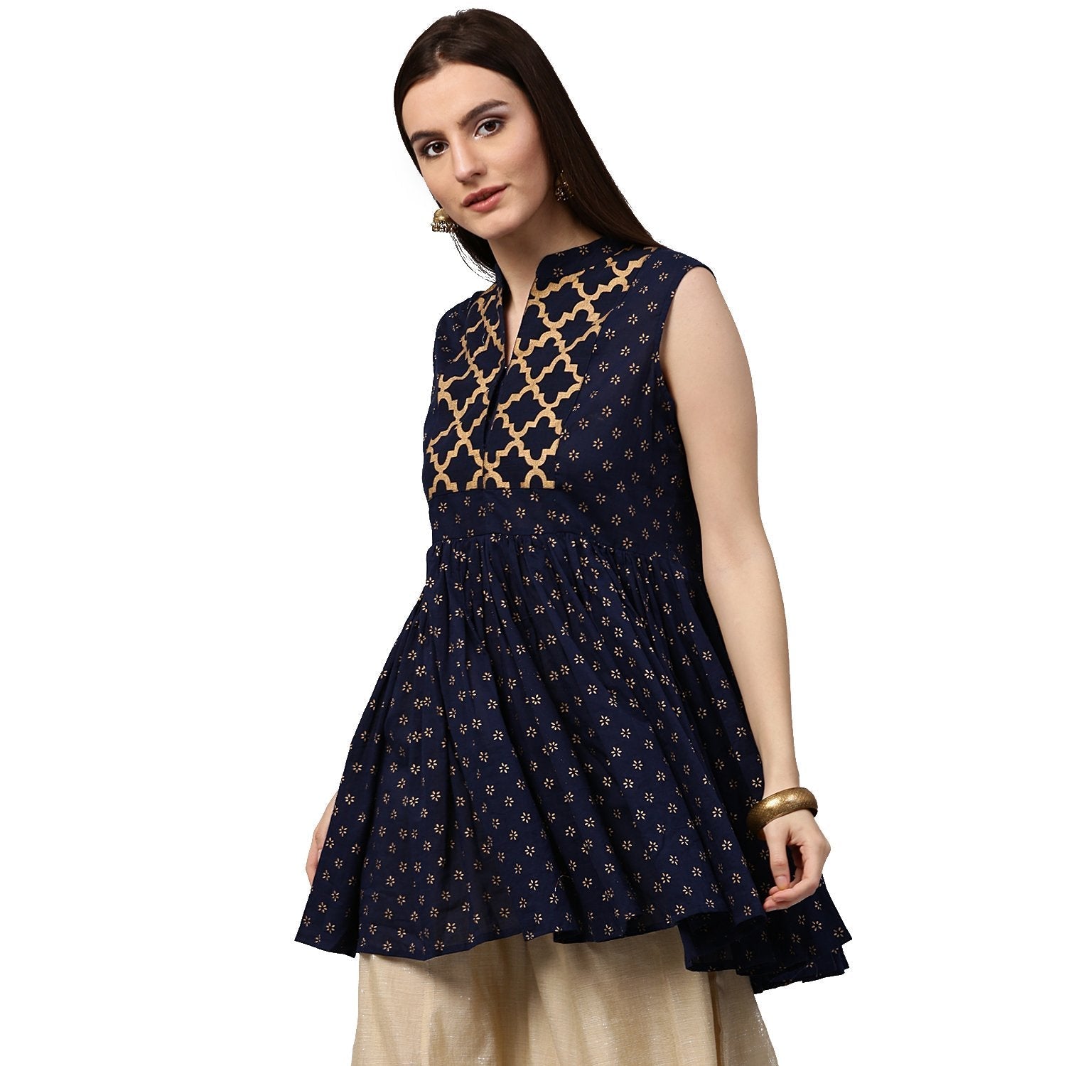 Navy Blue Printed Sleeveless Cotton Cropped Anarkali Kurta | LASVINI - Redefining Indian Fashion with Elegance
