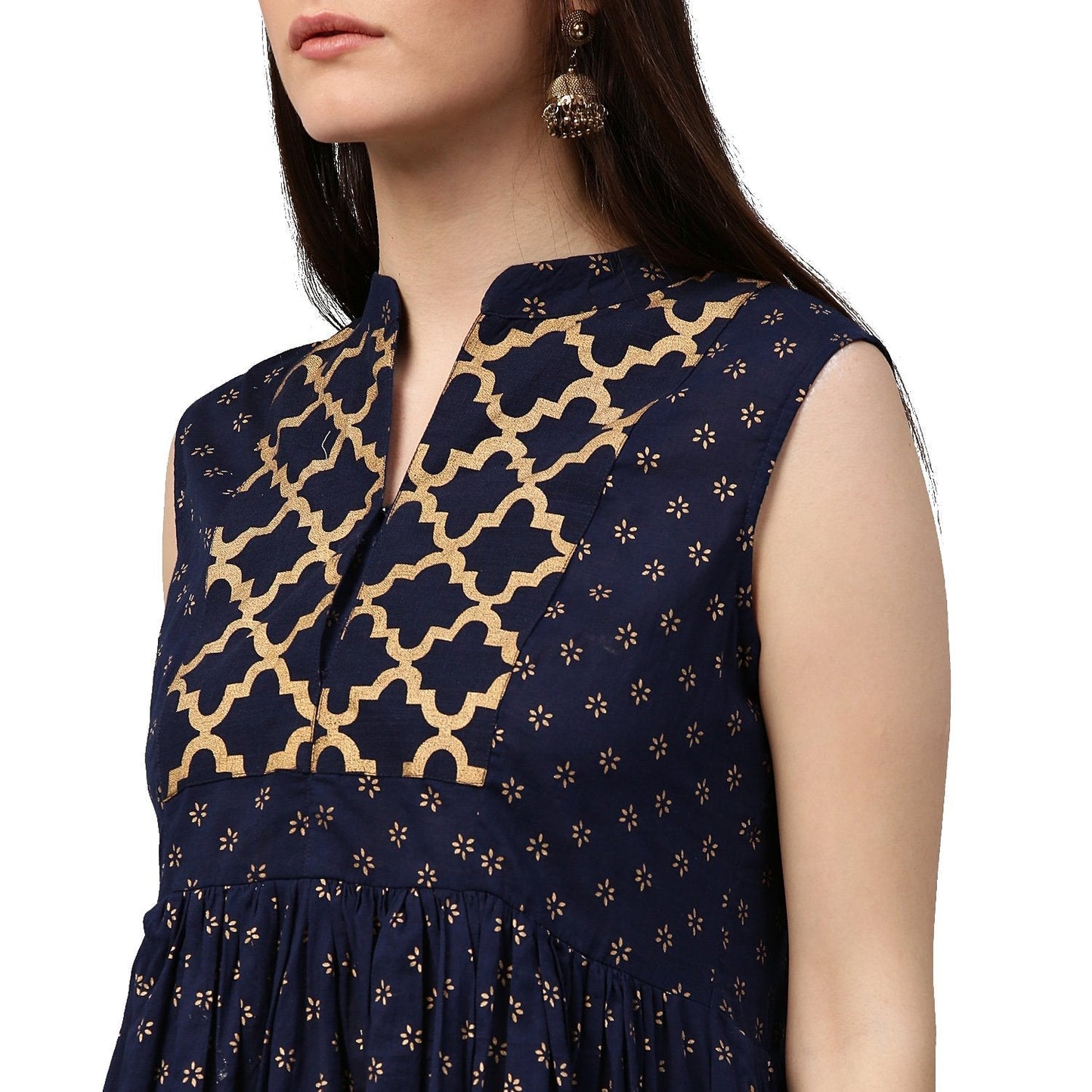 Navy Blue Printed Sleeveless Cotton Cropped Anarkali Kurta | LASVINI - Redefining Indian Fashion with Elegance