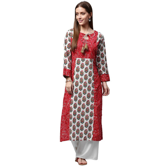 Red Printed 3/4Th Sleeve Cotton Kurta | LASVINI - Redefining Indian Fashion with Elegance