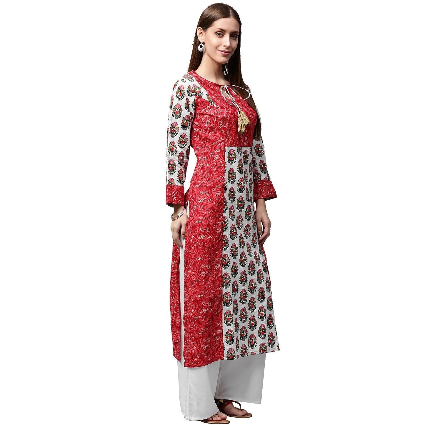 Red Printed 3/4Th Sleeve Cotton Kurta | LASVINI - Redefining Indian Fashion with Elegance