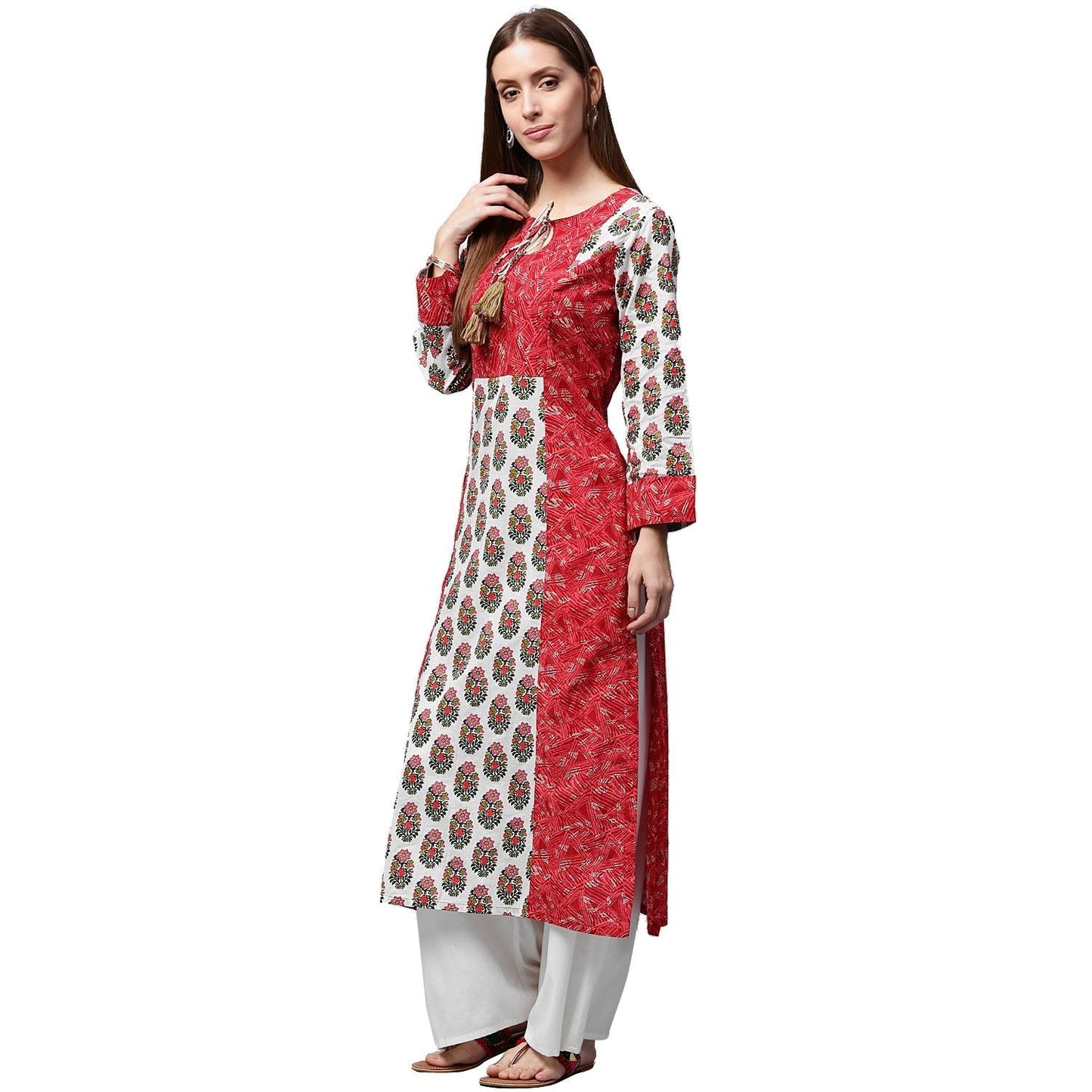 Red Printed 3/4Th Sleeve Cotton Kurta | LASVINI - Redefining Indian Fashion with Elegance