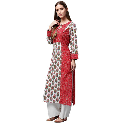 Red Printed 3/4Th Sleeve Cotton Kurta | LASVINI - Redefining Indian Fashion with Elegance
