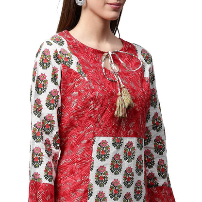 Red Printed 3/4Th Sleeve Cotton Kurta | LASVINI - Redefining Indian Fashion with Elegance