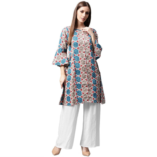 Grey Printed 3/4Th Sleeve Cotton A-Line Kurta | LASVINI - Redefining Indian Fashion with Elegance