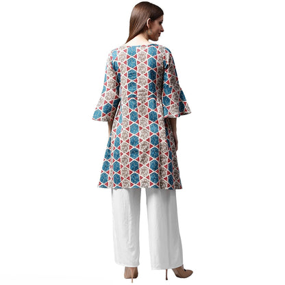 Grey Printed 3/4Th Sleeve Cotton A-Line Kurta | LASVINI - Redefining Indian Fashion with Elegance