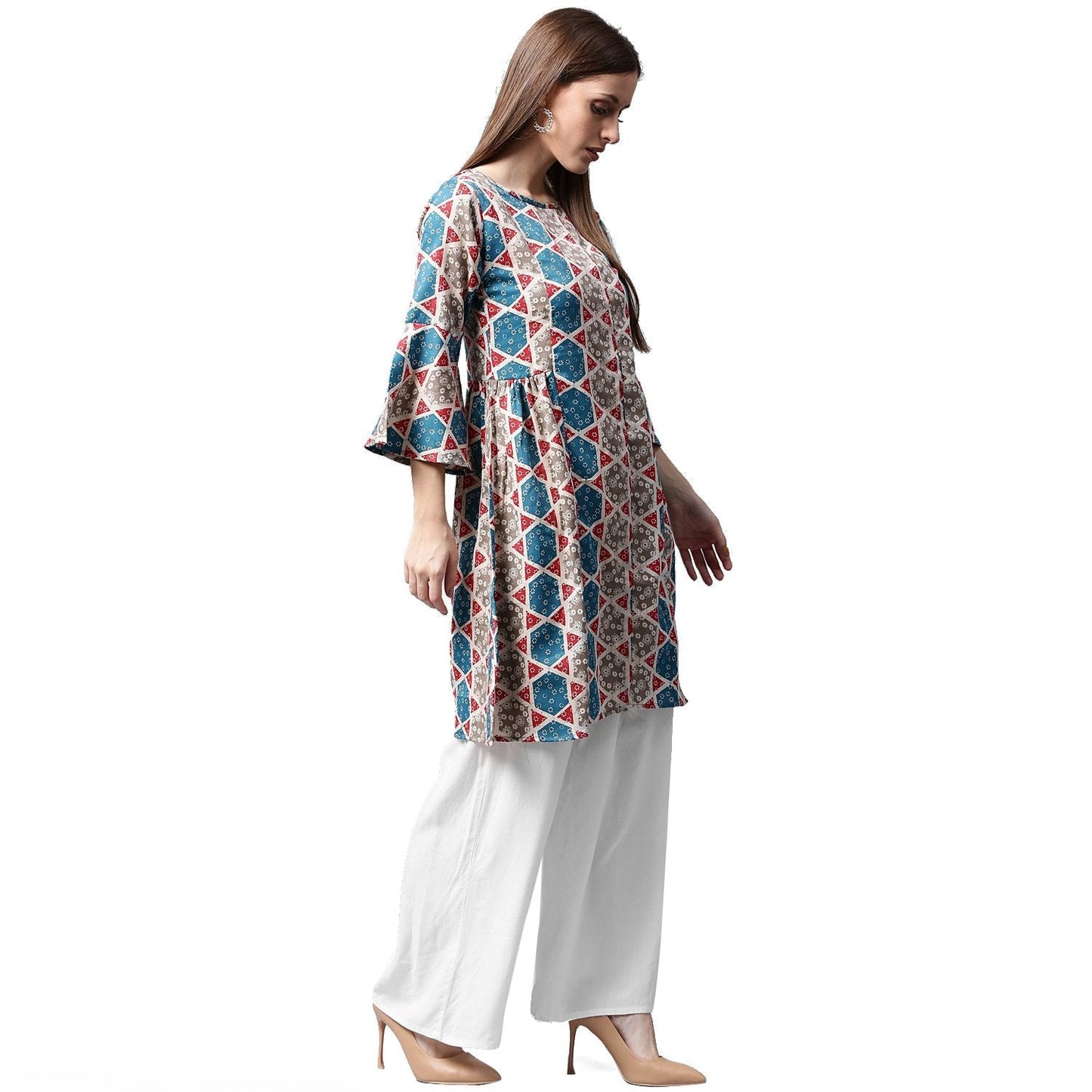 Grey Printed 3/4Th Sleeve Cotton A-Line Kurta | LASVINI - Redefining Indian Fashion with Elegance