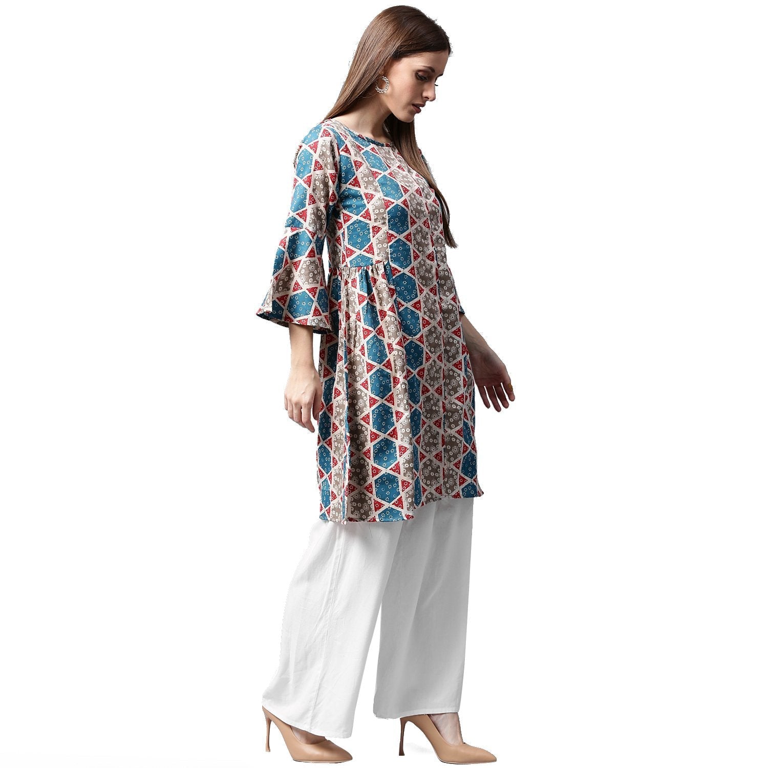 Grey Printed 3/4Th Sleeve Cotton A-Line Kurta | LASVINI - Redefining Indian Fashion with Elegance