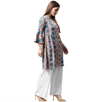 Grey Printed 3/4Th Sleeve Cotton A-Line Kurta | LASVINI - Redefining Indian Fashion with Elegance