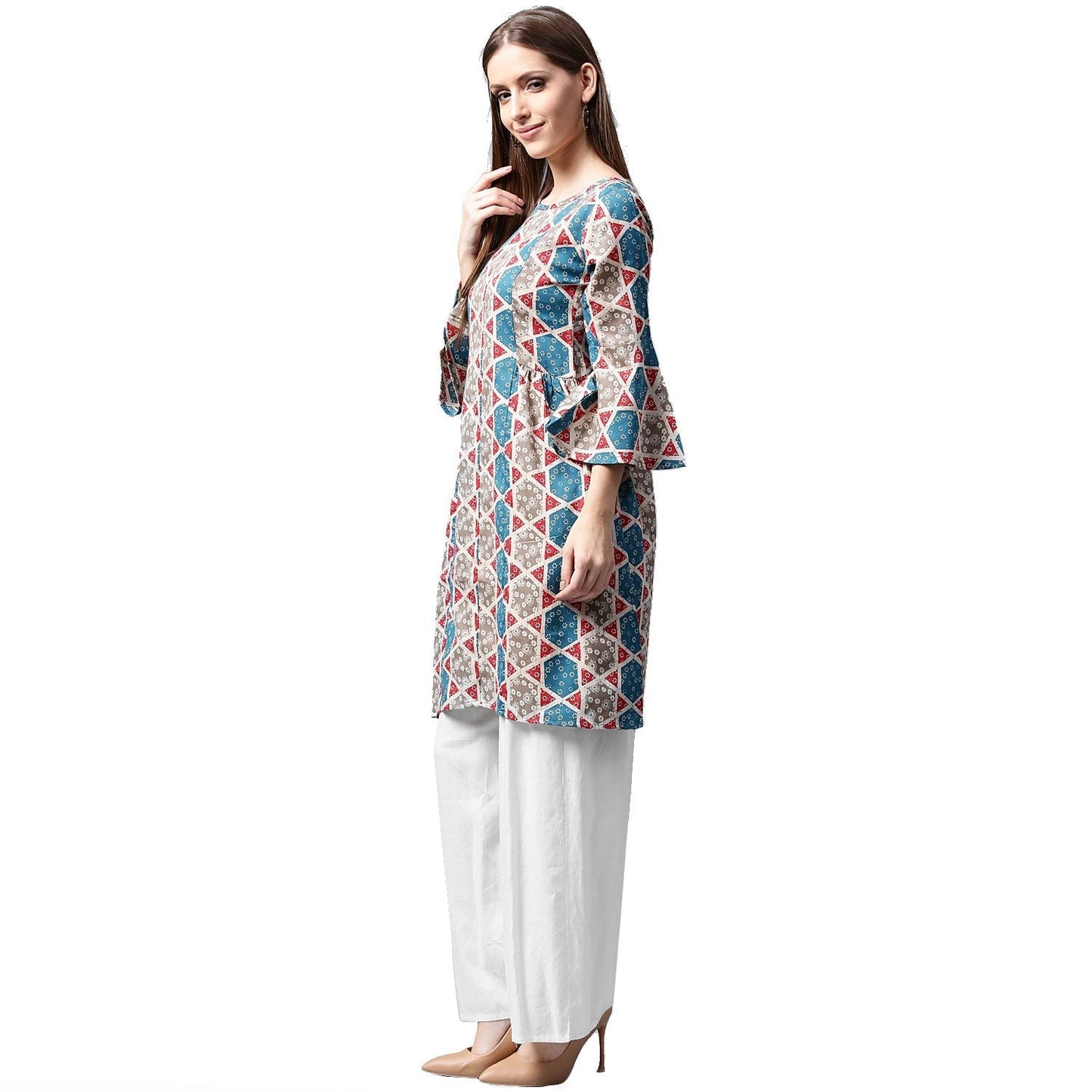 Grey Printed 3/4Th Sleeve Cotton A-Line Kurta | LASVINI - Redefining Indian Fashion with Elegance