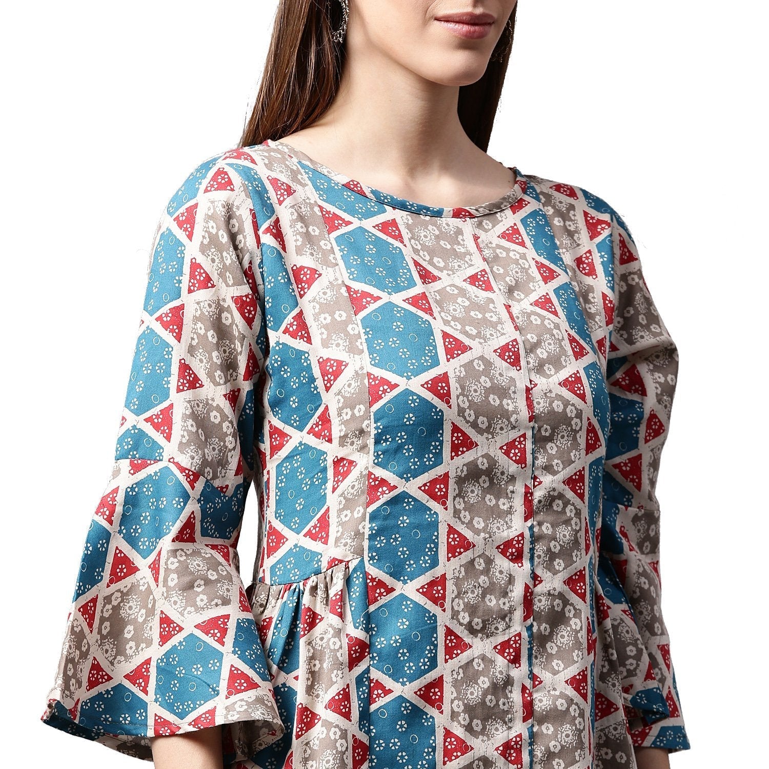 Grey Printed 3/4Th Sleeve Cotton A-Line Kurta | LASVINI - Redefining Indian Fashion with Elegance