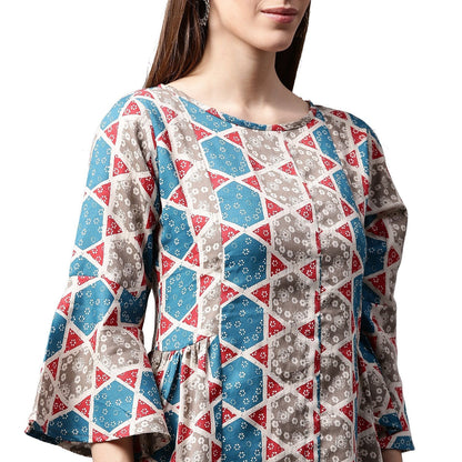 Grey Printed 3/4Th Sleeve Cotton A-Line Kurta | LASVINI - Redefining Indian Fashion with Elegance