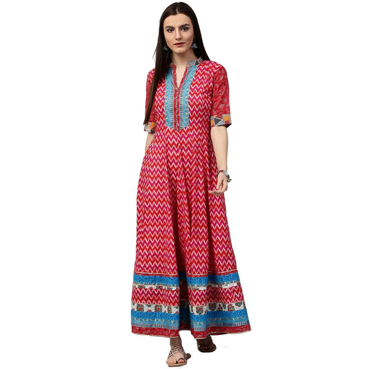 Red Printed 3/4Th Sleeve Cotton Long Anarkali Kurta | LASVINI - Redefining Indian Fashion with Elegance