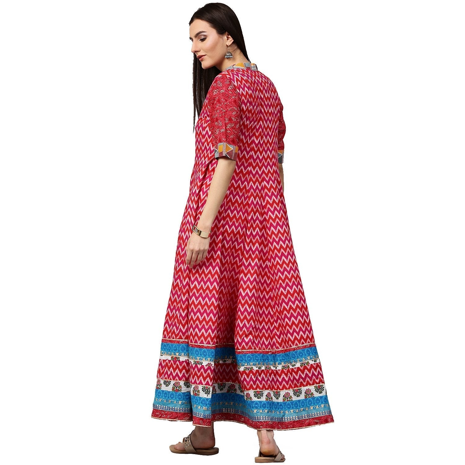 Red Printed 3/4Th Sleeve Cotton Long Anarkali Kurta | LASVINI - Redefining Indian Fashion with Elegance