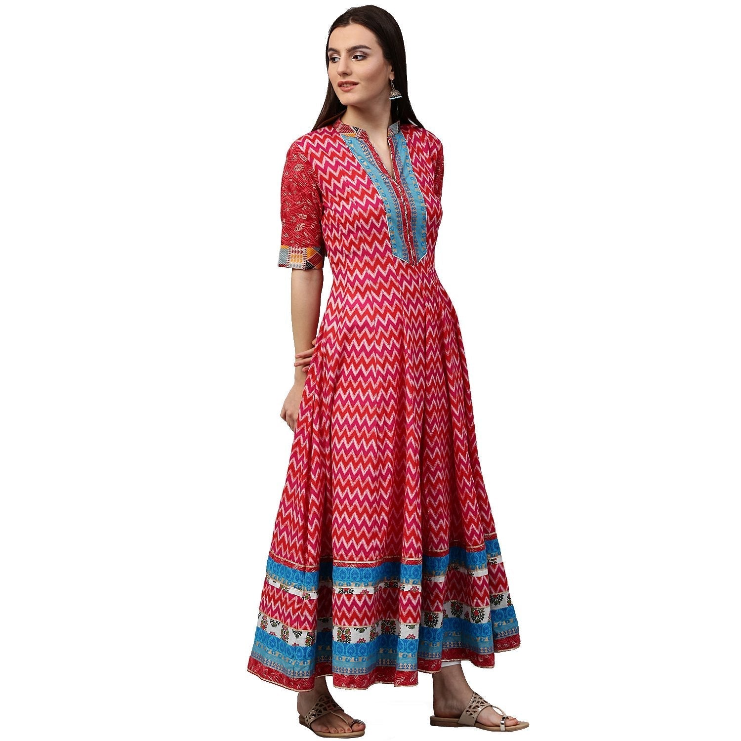 Red Printed 3/4Th Sleeve Cotton Long Anarkali Kurta | LASVINI - Redefining Indian Fashion with Elegance