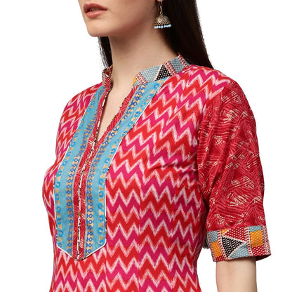 Red Printed 3/4Th Sleeve Cotton Long Anarkali Kurta | LASVINI - Redefining Indian Fashion with Elegance