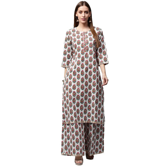 White Printed 3/4Th Sleeve Cotton Kurta With Printed Palazzo | LASVINI - Redefining Indian Fashion with Elegance