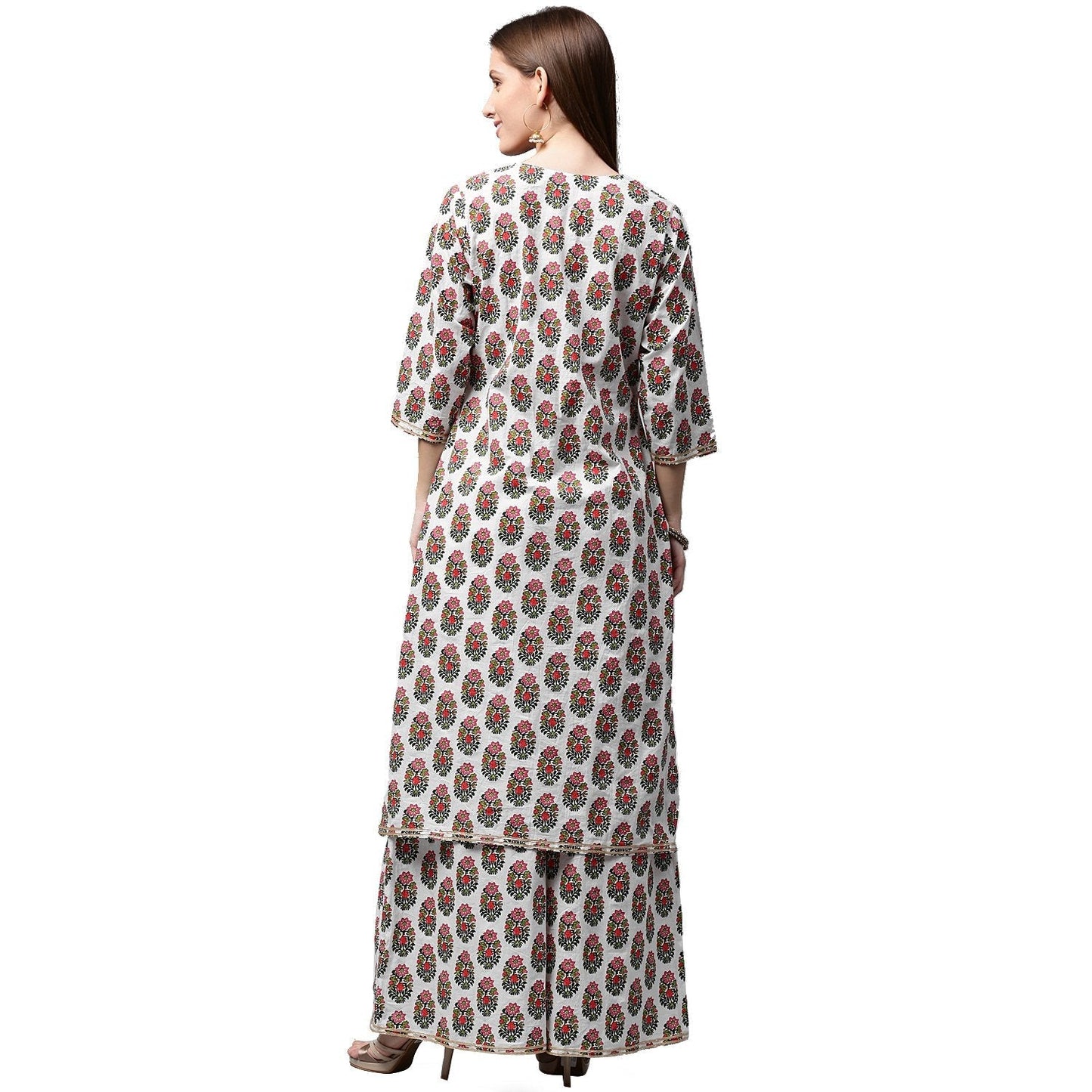 White Printed 3/4Th Sleeve Cotton Kurta With Printed Palazzo | LASVINI - Redefining Indian Fashion with Elegance