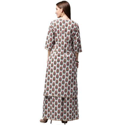 White Printed 3/4Th Sleeve Cotton Kurta With Printed Palazzo | LASVINI - Redefining Indian Fashion with Elegance