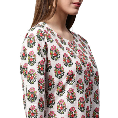 White Printed 3/4Th Sleeve Cotton Kurta With Printed Palazzo | LASVINI - Redefining Indian Fashion with Elegance