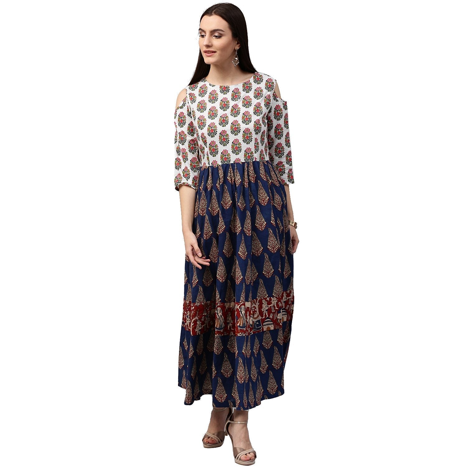Blue Printed 3/4Th Sleeve Cold Shoulder Cotton Anarkali Kurta | LASVINI - Redefining Indian Fashion with Elegance
