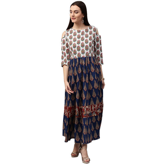 Blue Printed 3/4Th Sleeve Cold Shoulder Cotton Anarkali Kurta | LASVINI - Redefining Indian Fashion with Elegance