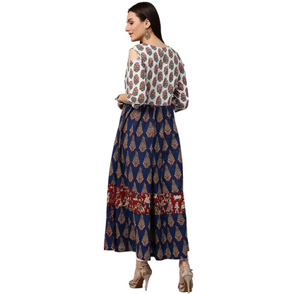 Blue Printed 3/4Th Sleeve Cold Shoulder Cotton Anarkali Kurta | LASVINI - Redefining Indian Fashion with Elegance