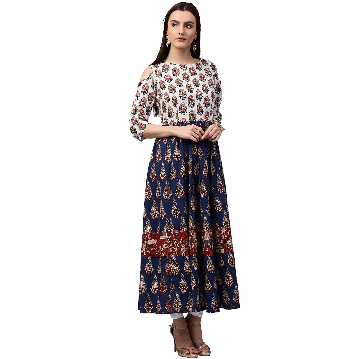 Blue Printed 3/4Th Sleeve Cold Shoulder Cotton Anarkali Kurta | LASVINI - Redefining Indian Fashion with Elegance