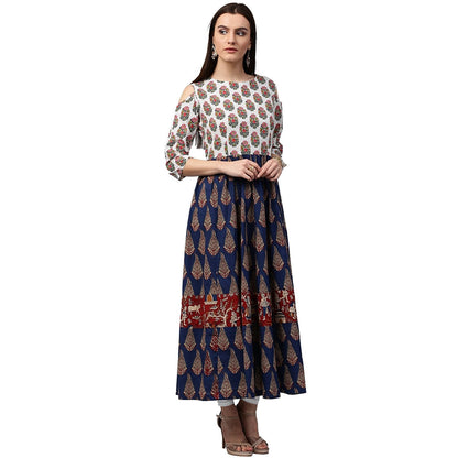 Blue Printed 3/4Th Sleeve Cold Shoulder Cotton Anarkali Kurta | LASVINI - Redefining Indian Fashion with Elegance