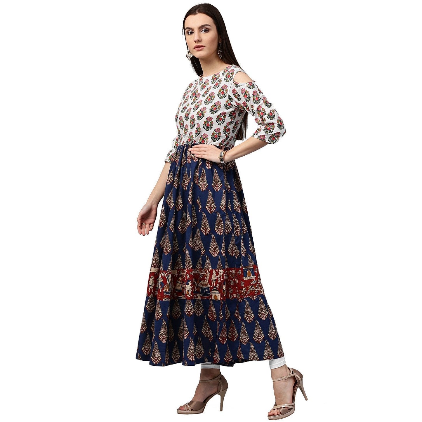 Blue Printed 3/4Th Sleeve Cold Shoulder Cotton Anarkali Kurta | LASVINI - Redefining Indian Fashion with Elegance