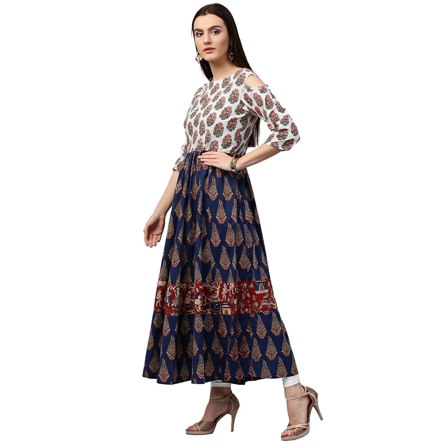 Blue Printed 3/4Th Sleeve Cold Shoulder Cotton Anarkali Kurta | LASVINI - Redefining Indian Fashion with Elegance