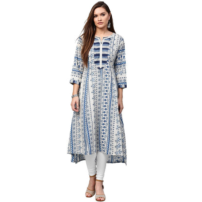 Blue Printed 3/4Th Sleeve Cotton A-Line Kurta | LASVINI - Redefining Indian Fashion with Elegance