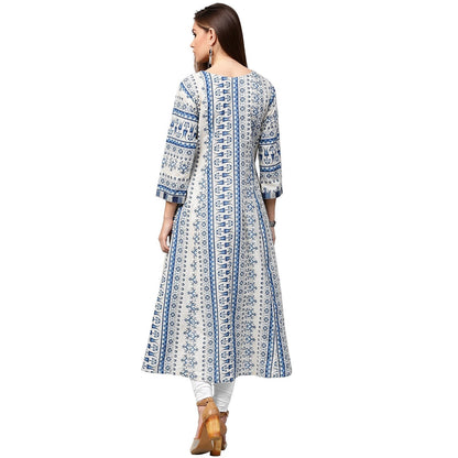 Blue Printed 3/4Th Sleeve Cotton A-Line Kurta | LASVINI - Redefining Indian Fashion with Elegance