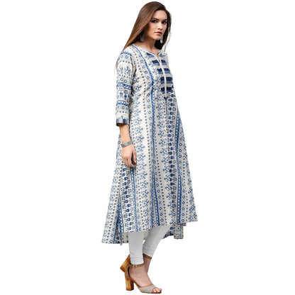 Blue Printed 3/4Th Sleeve Cotton A-Line Kurta | LASVINI - Redefining Indian Fashion with Elegance