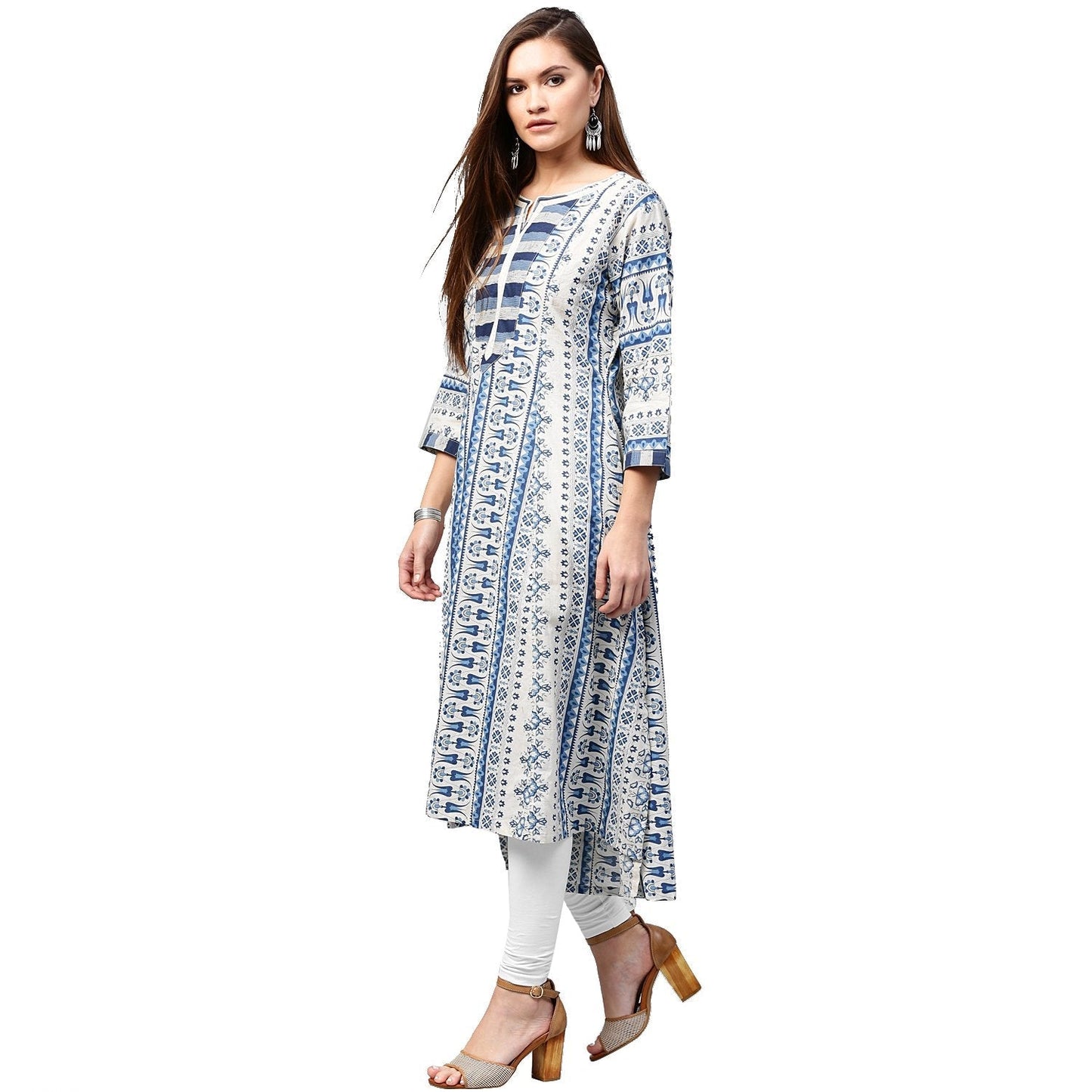 Blue Printed 3/4Th Sleeve Cotton A-Line Kurta | LASVINI - Redefining Indian Fashion with Elegance