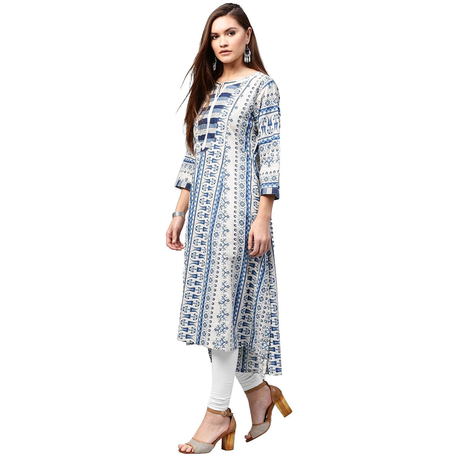 Blue Printed 3/4Th Sleeve Cotton A-Line Kurta | LASVINI - Redefining Indian Fashion with Elegance
