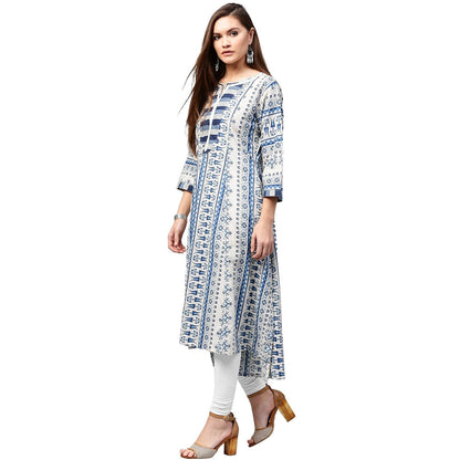 Blue Printed 3/4Th Sleeve Cotton A-Line Kurta | LASVINI - Redefining Indian Fashion with Elegance