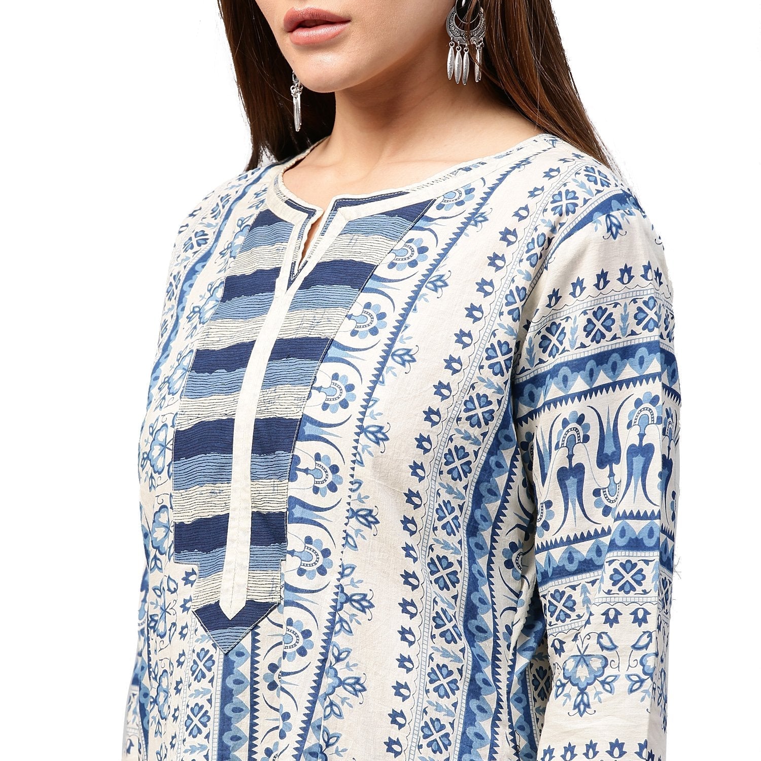 Blue Printed 3/4Th Sleeve Cotton A-Line Kurta | LASVINI - Redefining Indian Fashion with Elegance