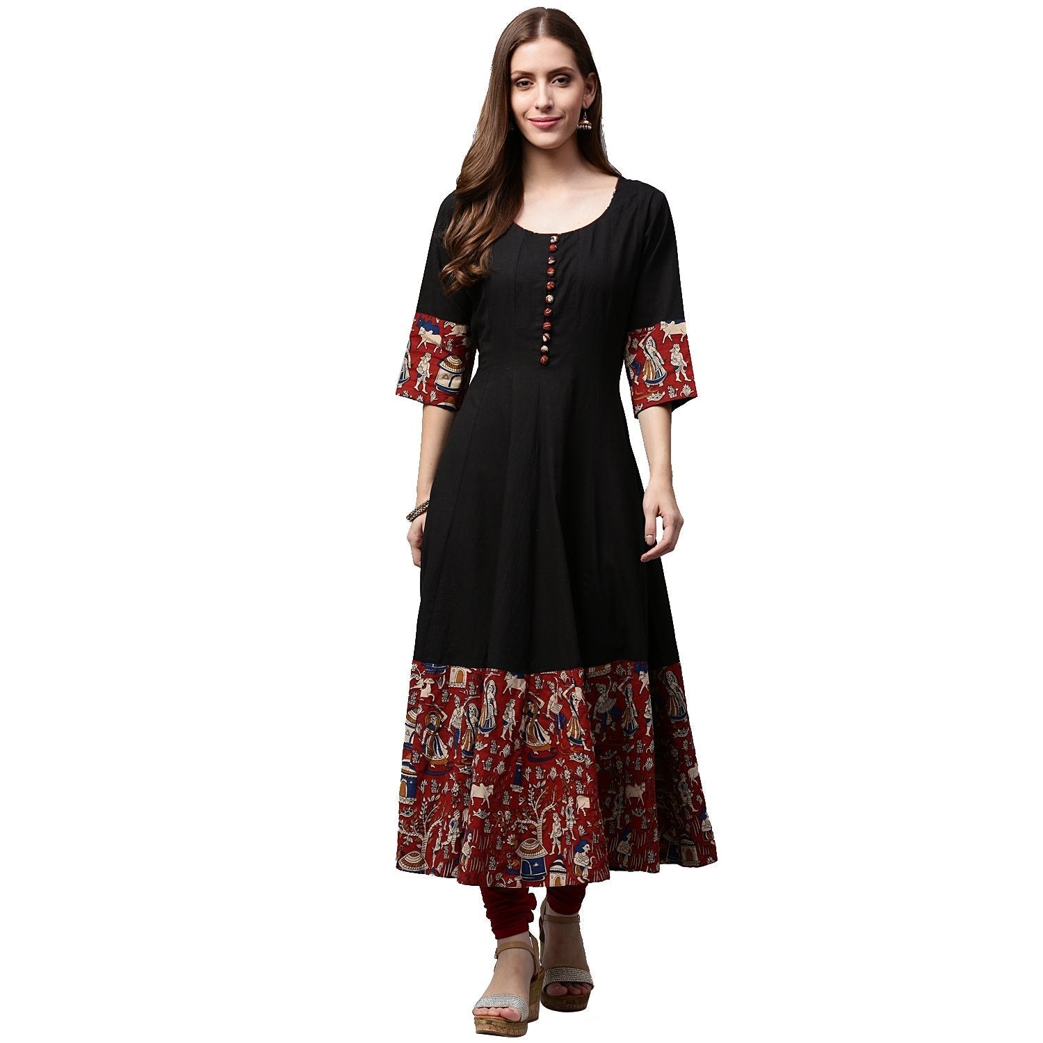 Black Printed 3/4Th Sleeve Cotton Anarkali Kurta | LASVINI - Redefining Indian Fashion with Elegance