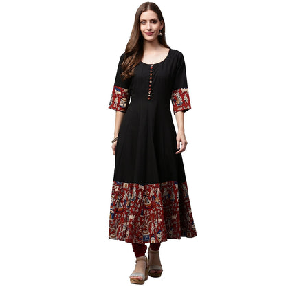 Black Printed 3/4Th Sleeve Cotton Anarkali Kurta | LASVINI - Redefining Indian Fashion with Elegance