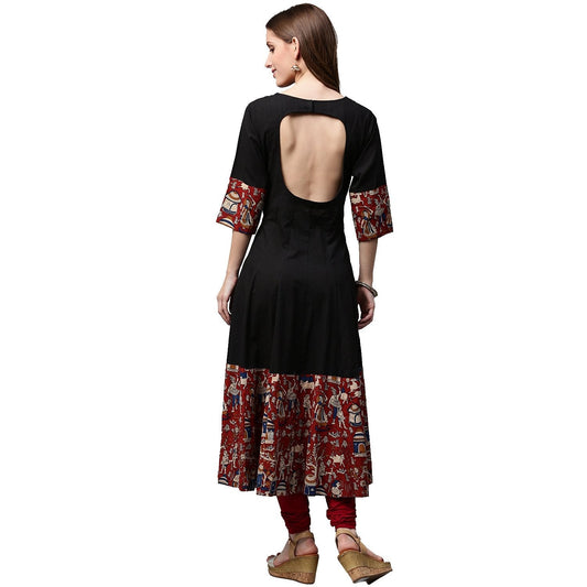 Black Printed 3/4Th Sleeve Cotton Anarkali Kurta | LASVINI - Redefining Indian Fashion with Elegance
