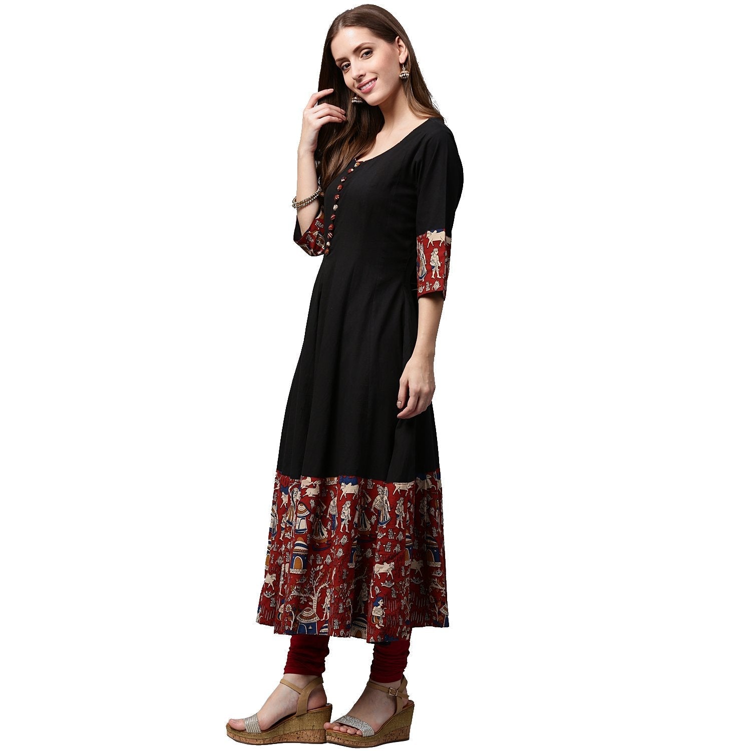 Black Printed 3/4Th Sleeve Cotton Anarkali Kurta | LASVINI - Redefining Indian Fashion with Elegance