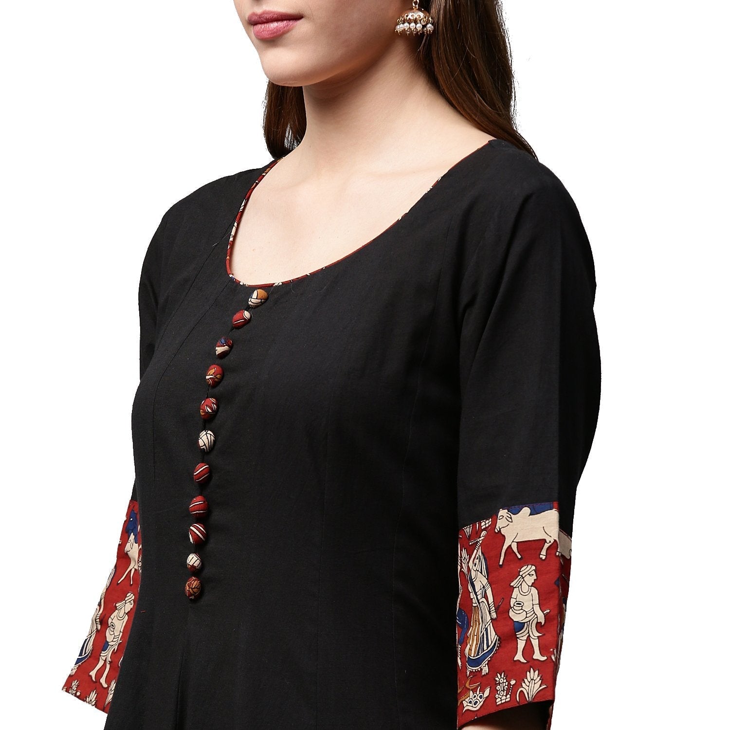 Black Printed 3/4Th Sleeve Cotton Anarkali Kurta | LASVINI - Redefining Indian Fashion with Elegance