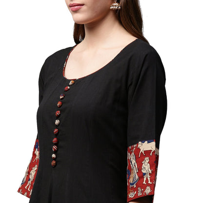 Black Printed 3/4Th Sleeve Cotton Anarkali Kurta | LASVINI - Redefining Indian Fashion with Elegance