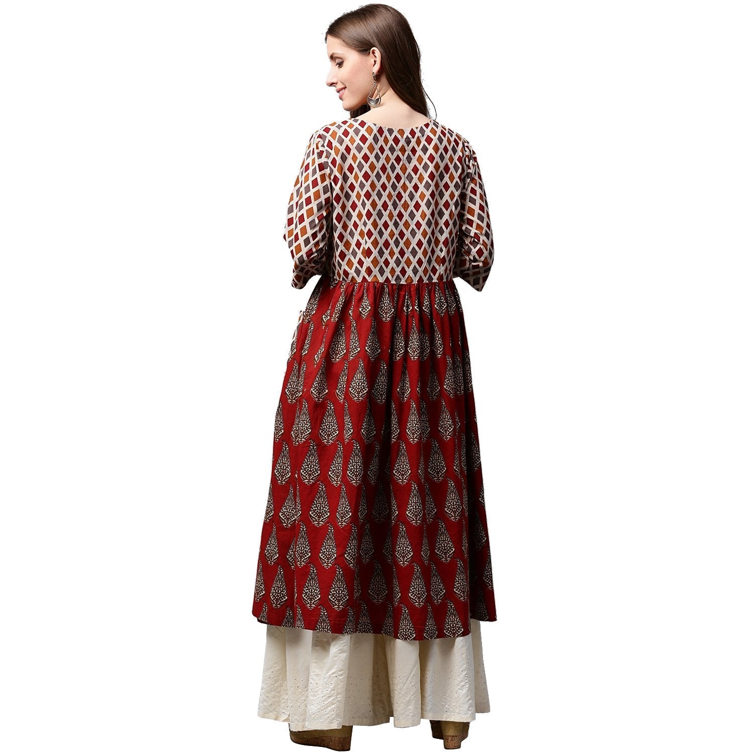 Red Printed 3/4Th Sleeve Cotton Anarkali Kurta | LASVINI - Redefining Indian Fashion with Elegance
