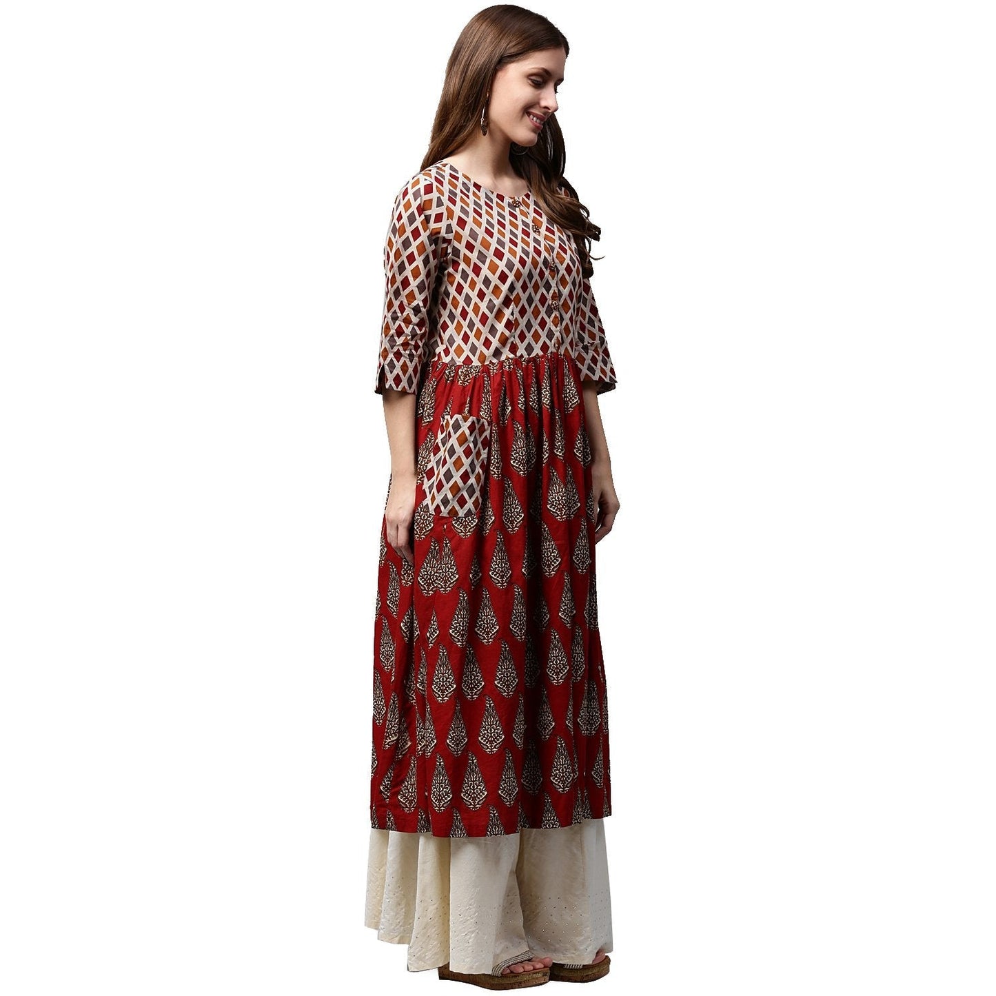 Red Printed 3/4Th Sleeve Cotton Anarkali Kurta | LASVINI - Redefining Indian Fashion with Elegance