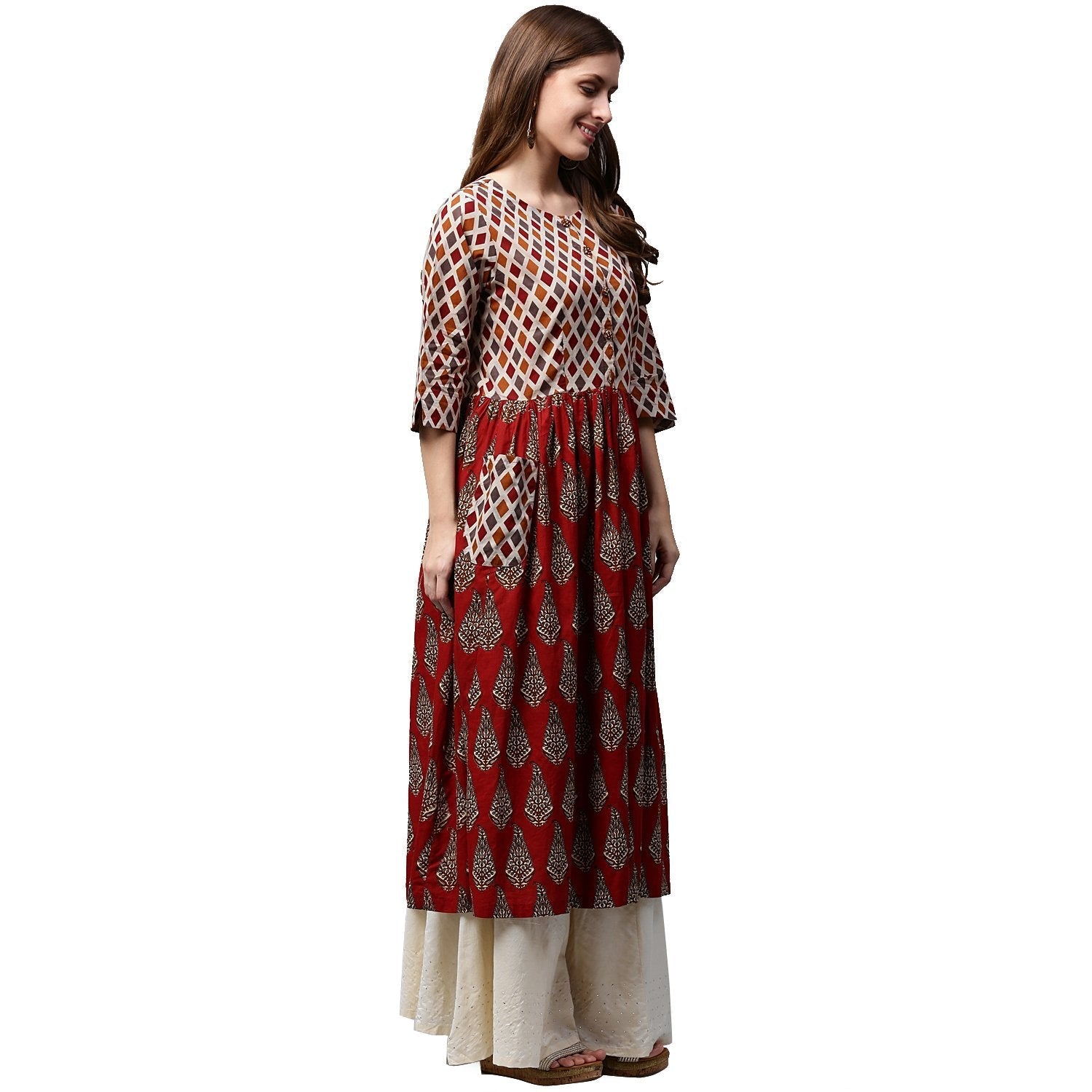 Red Printed 3/4Th Sleeve Cotton Anarkali Kurta | LASVINI - Redefining Indian Fashion with Elegance