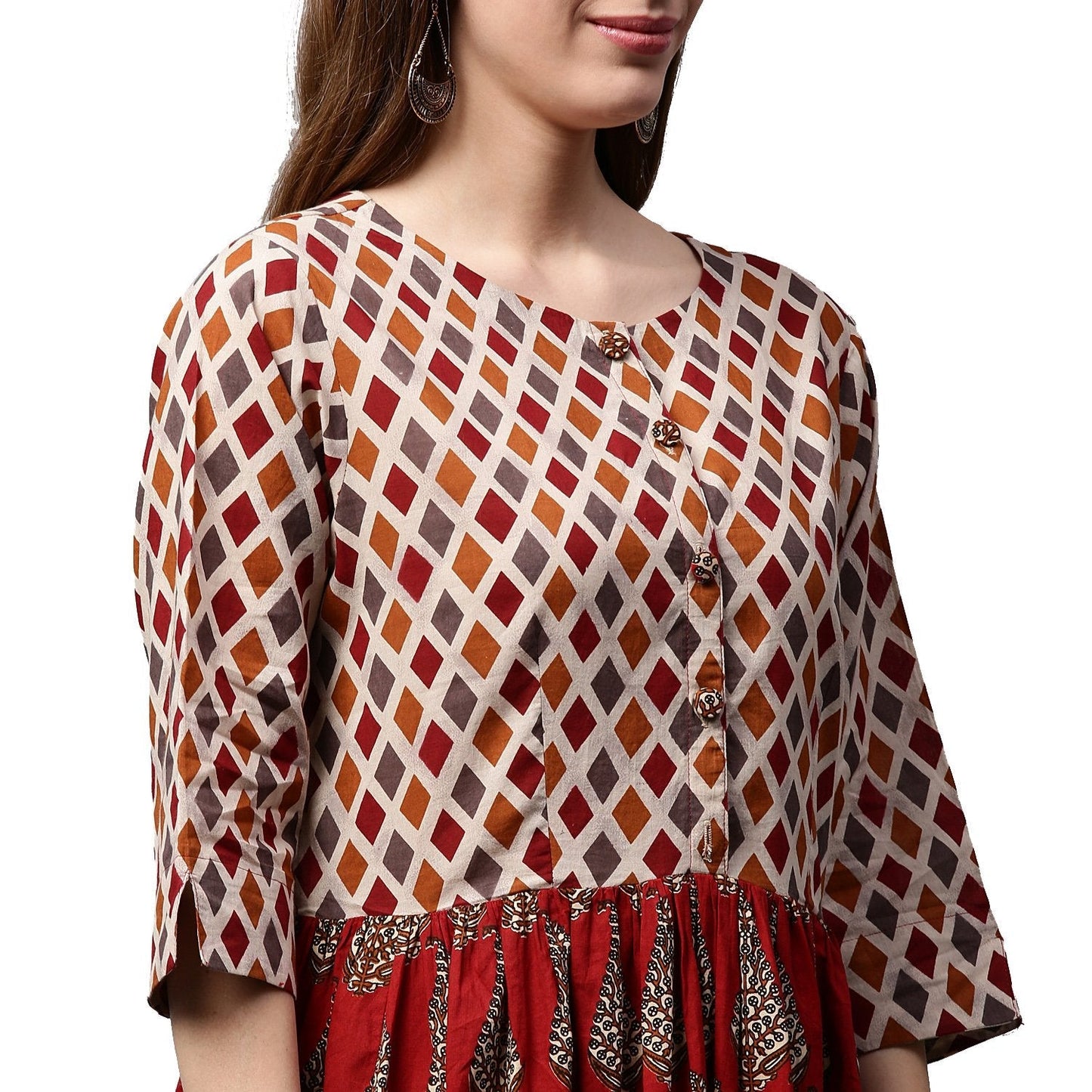 Red Printed 3/4Th Sleeve Cotton Anarkali Kurta | LASVINI - Redefining Indian Fashion with Elegance