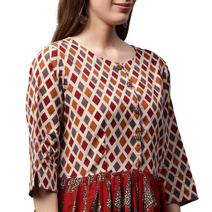 Red Printed 3/4Th Sleeve Cotton Anarkali Kurta | LASVINI - Redefining Indian Fashion with Elegance