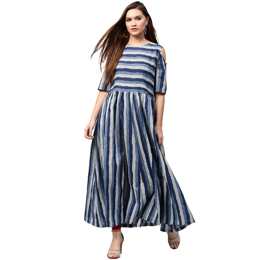 Blue Printed Short Sleeve Cold Shoulder A-Line Kurta | LASVINI - Redefining Indian Fashion with Elegance