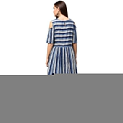 Blue Printed Short Sleeve Cold Shoulder A-Line Kurta | LASVINI - Redefining Indian Fashion with Elegance